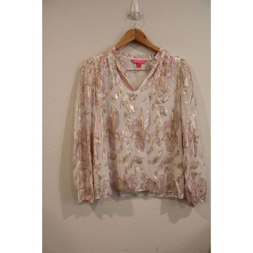 Lilly Pulitzer "Giana" silk top blouse gold rose gold meallic size xsmall